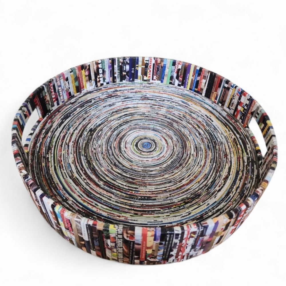 Large Round Serving Tray Upcycled Rolled Magazine Multicolor Coffee Table Decor